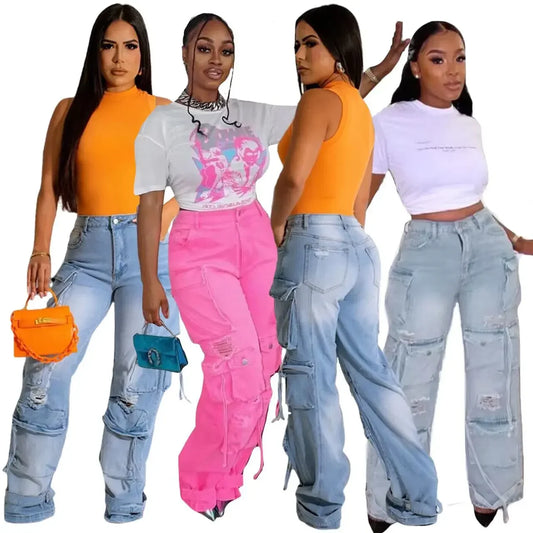 Denim Pocket Pants Jeans Women Streetwear Retro Loose Wide Leg Overalls Vintage Button Long Capris Sporty Y2k Cargo Pants