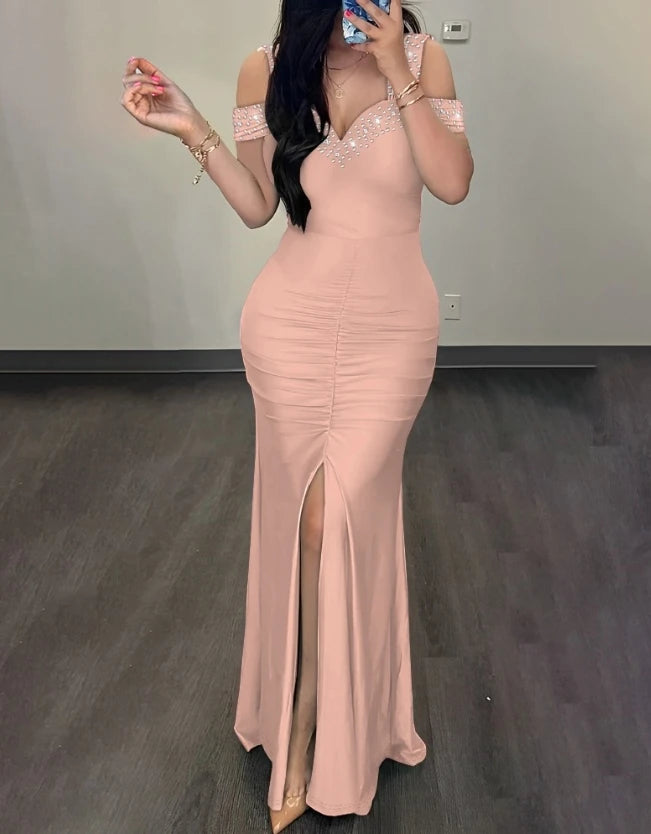 Woman Sexy High Waist Evening Dresses Fashion Women's Clothes Rhinestone Cold Shoulder Slit Ruched Elegant Party Dress for Women