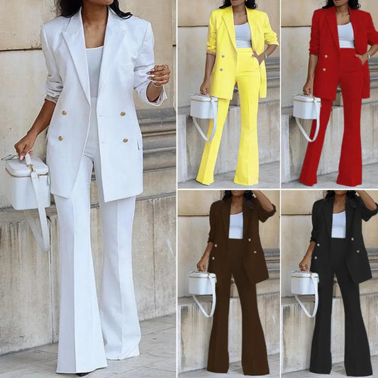 1 Set Women Suit Set Simple Autumn Winter Women Blazer Pants Double Breasted Blazer High Waist Pants for Office