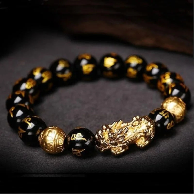 2PCS Feng Shui Black Obsidian Wealth Bracelets for Women Men Obsidian Stone Beads Pixiu Character Bracelet Lucky Jewelry