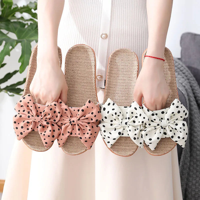 Summer Women Slippers Home Female Bowknot Flax Slippers Linen Flip Flops Bohemia Beach Sandals Slipper Chaussure Femme