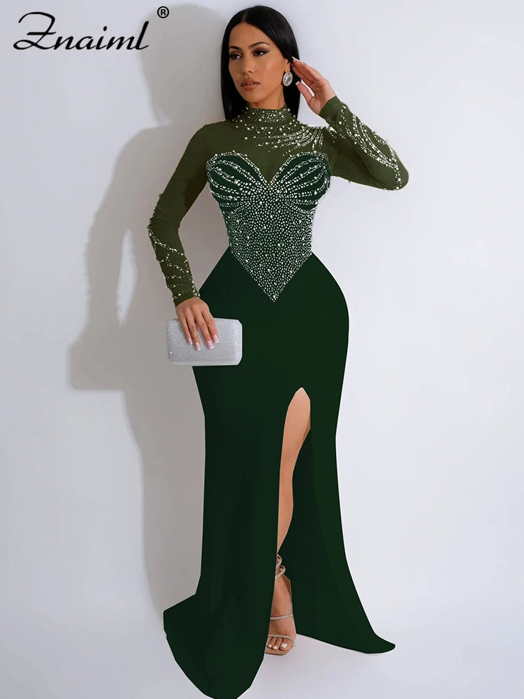 Znaiml Elegant Wedding Even Mesh See Through Patchwork Long Dress Woman Diamonds Rhinestone Mermaid Prom Formal Birthday Luxury