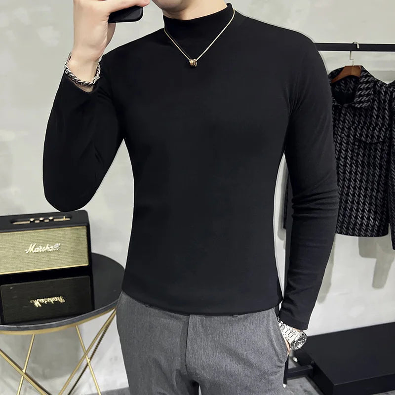 Cheap Autumn Winter Thick Long Sleeve T Shirts For Men Clothing 2023 Solid All Match Slim Fit Basic Casual Tee Shirt Homme Sale