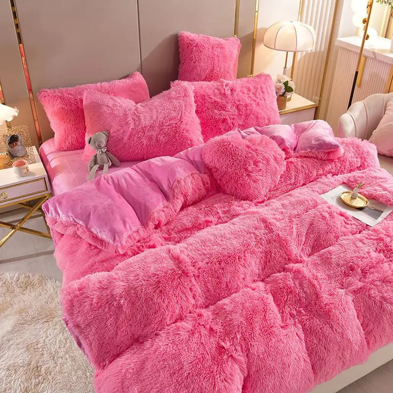 Home Textiles Pink Winter Warm Velvet Embroidery Princess Bedding Set Double Duvet Cover Set Bed Sheet Pillowcases