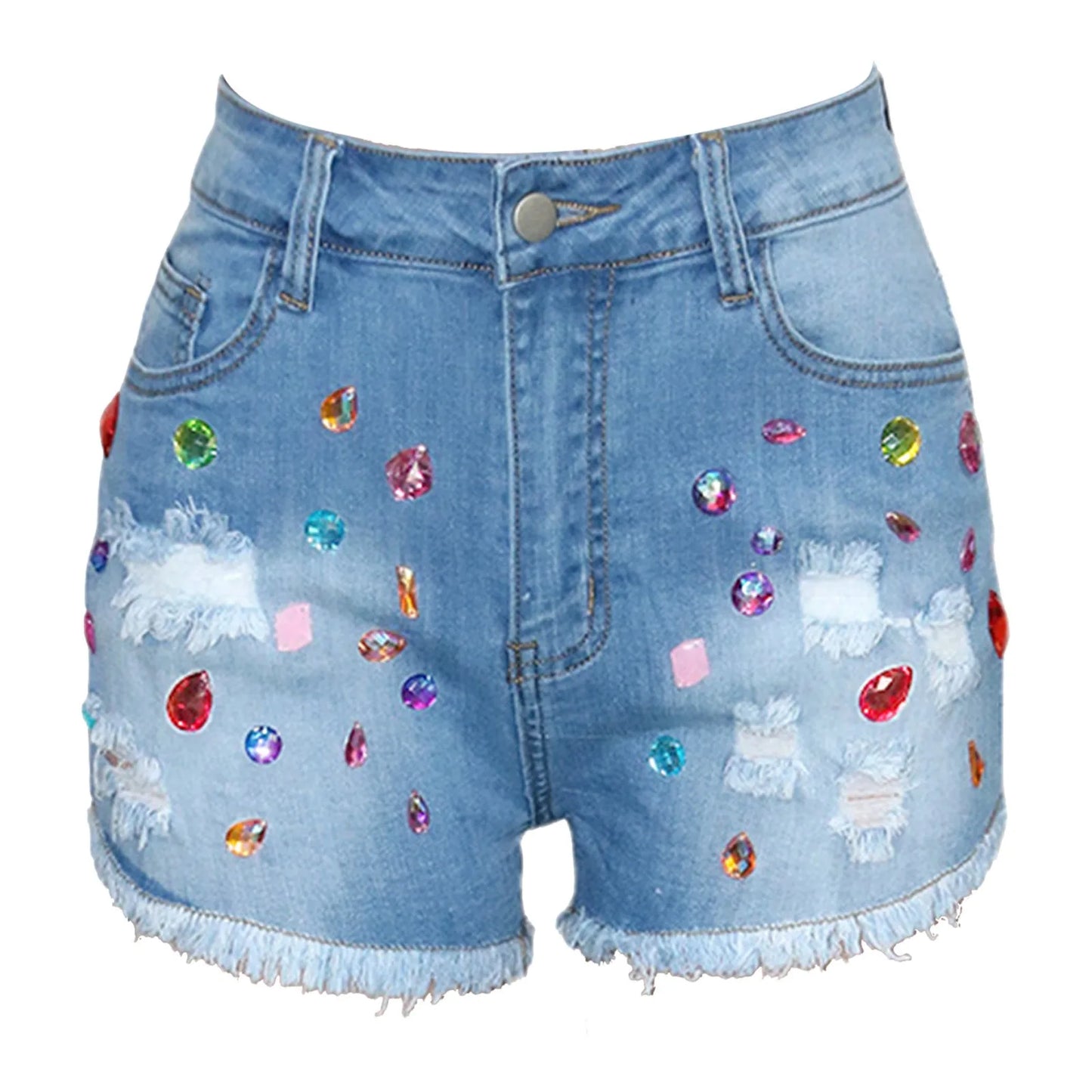 Plus Size Summer Denim Shorts Women Mid Waist Ripped Frayed Hem Tessles Stretchy Jean Shorts With Pockets Women's Summer Shorts