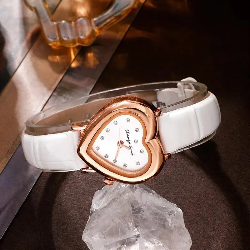 Women's Fashion Heart Watches Set Casual Leather Strap Watch Ladies Crystal Rhinestone Quartz Watches for Women Montre Femme