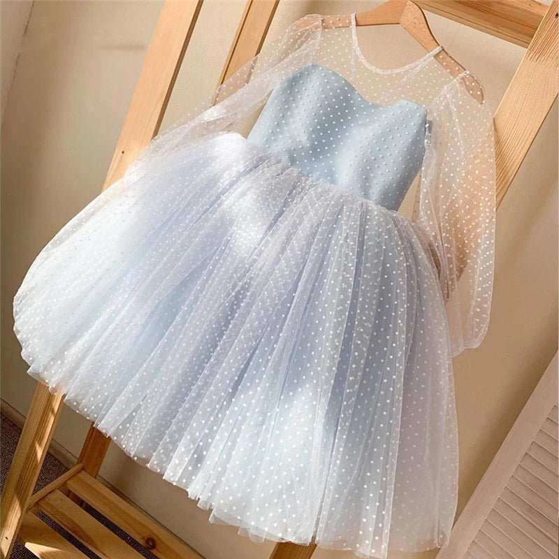 Girls Wedding Bridesmaid Dress Kids Polka Dots Princess Dresses For 4-10Yrs Baby Girl Formal Prom Mesh Embroidery Tulle Vestidos