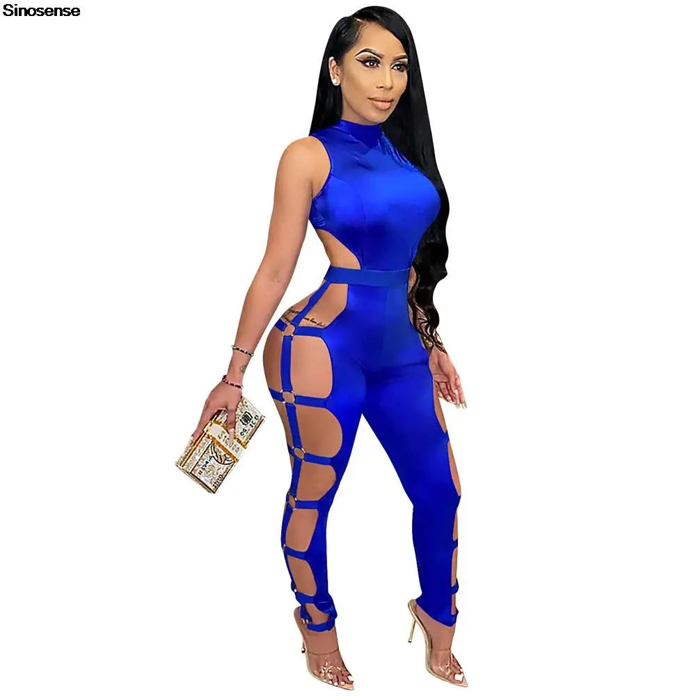 Sexy Hollow Out Cut Out Bodycon Jumpsuits Women Backless Zipper One Piece Outfits Stretchy Night Club Party Long Rompers