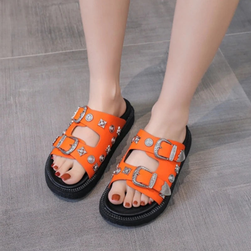 Metal Buckle Designer House Female Slippers Woman Orange Sandals Women Shoes Low Heel Summer Elegant And Fashion Women Shoes