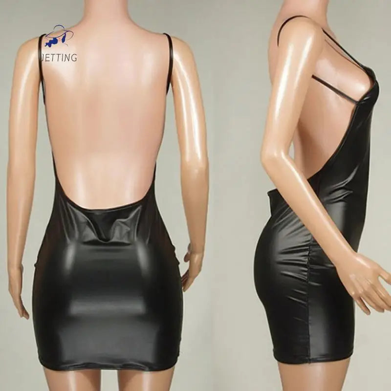 Sexy Glossy Faux Leather Dress Backless Club Party Short Shaping Dress Solid Black Wet Look Bodycon Push Up Bra Latex Mini Dress