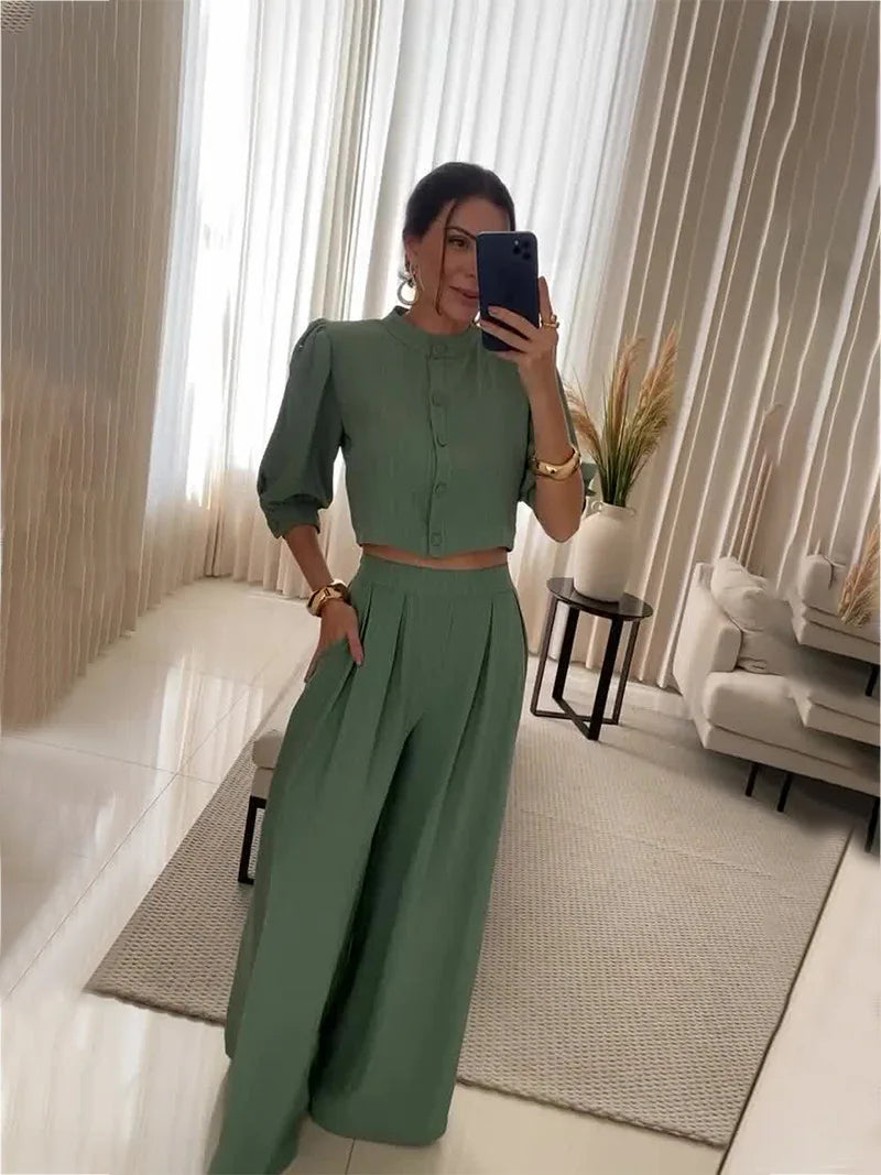 Women's Pant Suits Solid Color Single-breasted O-neck Shirt Top Fashion Casual Long Pants Suit Two Piece Set Women Office Wear