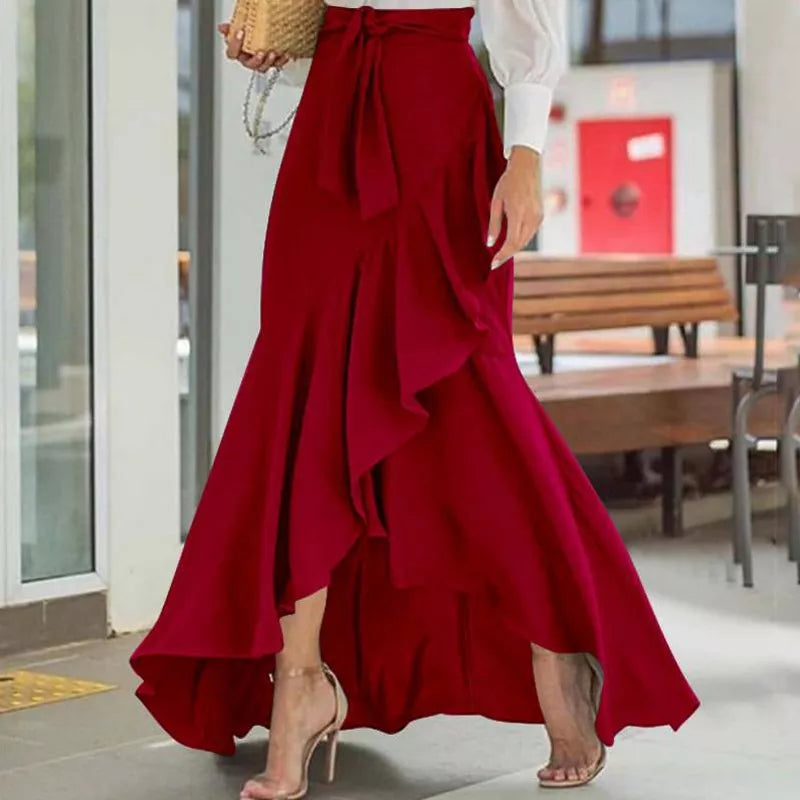 Women High Waist Maxi Skirt High Low Irregular Hem Self-tie Elastic Ruffle Long Skirt Ruffle Women Maxi Skirt Long