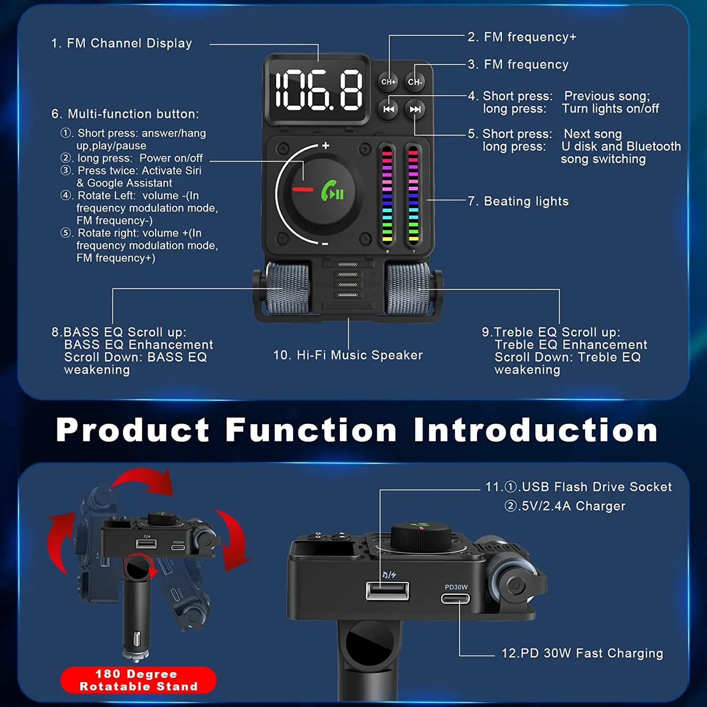 2023 Bluetooth 5.3 Car Wireless FM Transmitter Radio Adapter PD30W QC3.0 Fast Charging Car MP3 U Disk Music Player Accessories