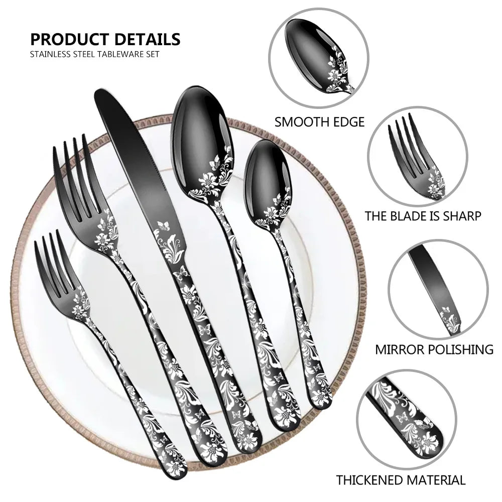 20Pcs Explosive Pattern Stainless Steel Cutlery Set Western Steak Dinnerware Set Knife Fork Spoon Set Kitchen Tableware Sets New