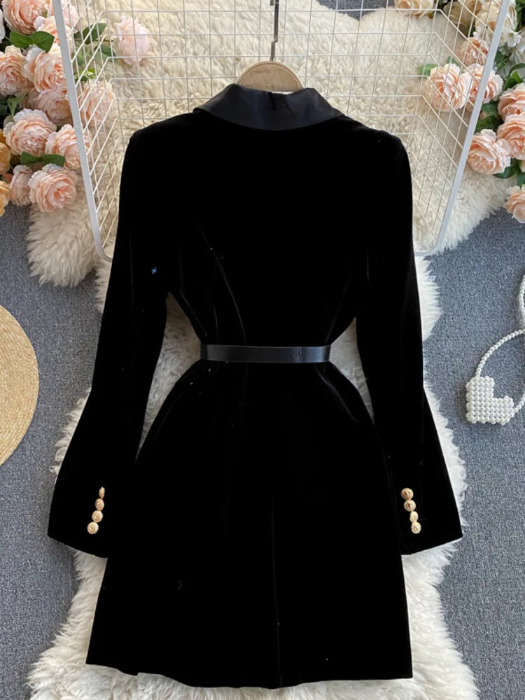 Blazer Coat Women Velvet Suit Jacket Winter Double Breasted Long Sleeve Ladies Black Blazer Belt Women Slim Suit Blazer Outwear