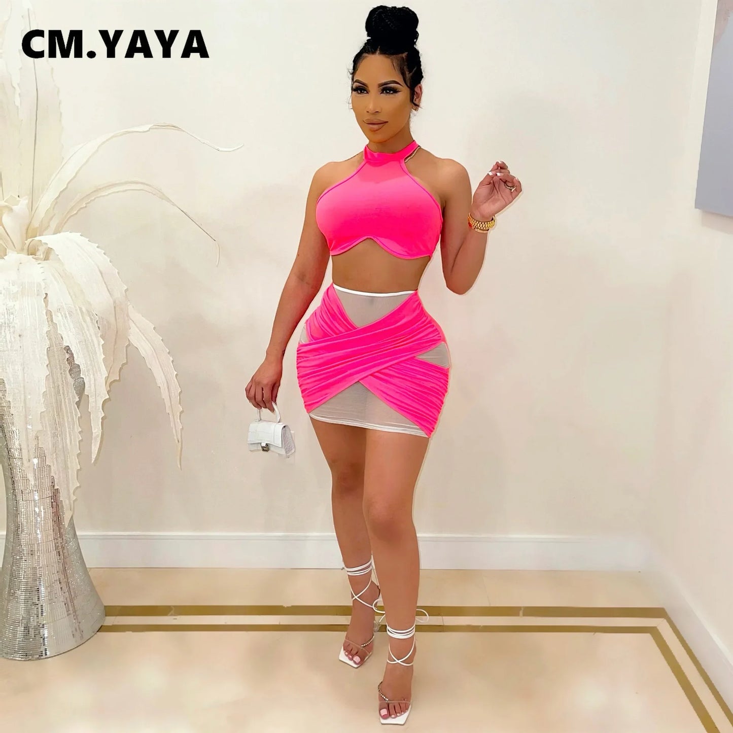 CM.YAYA Summer Mesh Partchwork Women's Set Crop Tops and Midi Mini Skirts Set Matching Two 2 Piece Set Tracksuit