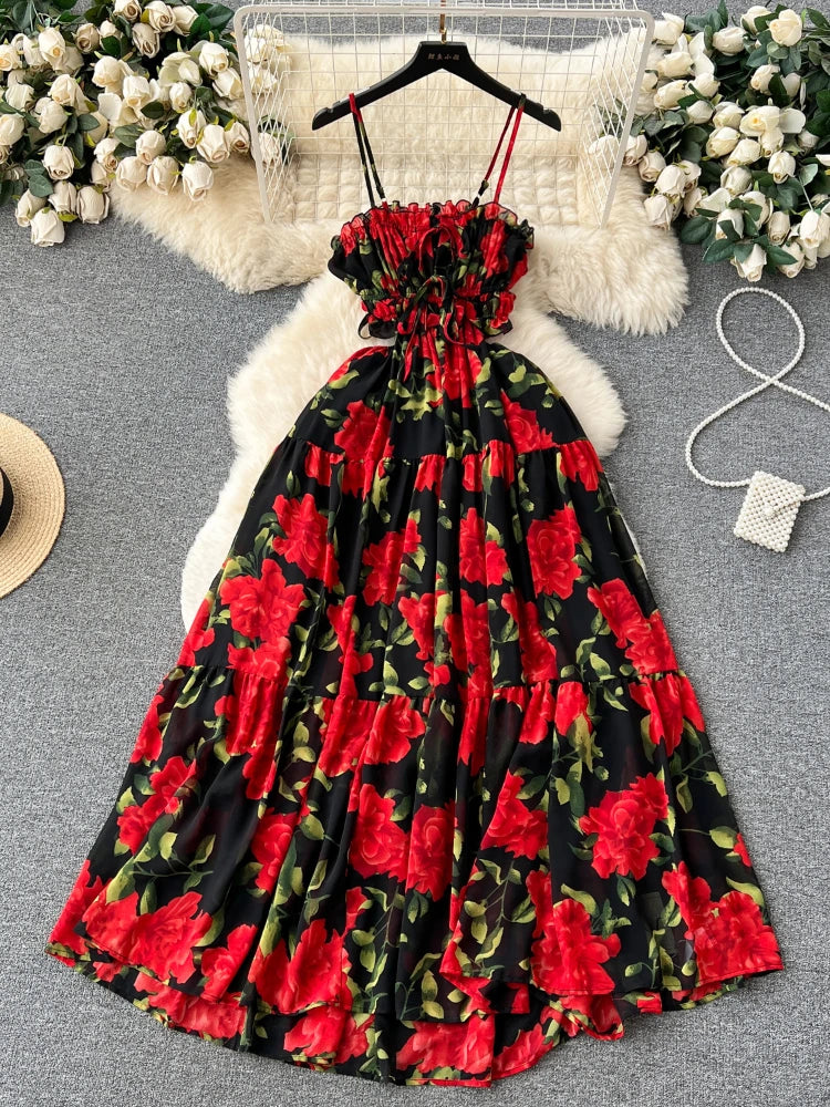 FTLZZ Summer Sexy Women Spaghetti Strap Backless Long Dress Casual Lady Holiday Beach Floral Print Dress Ruffled A-line Dress