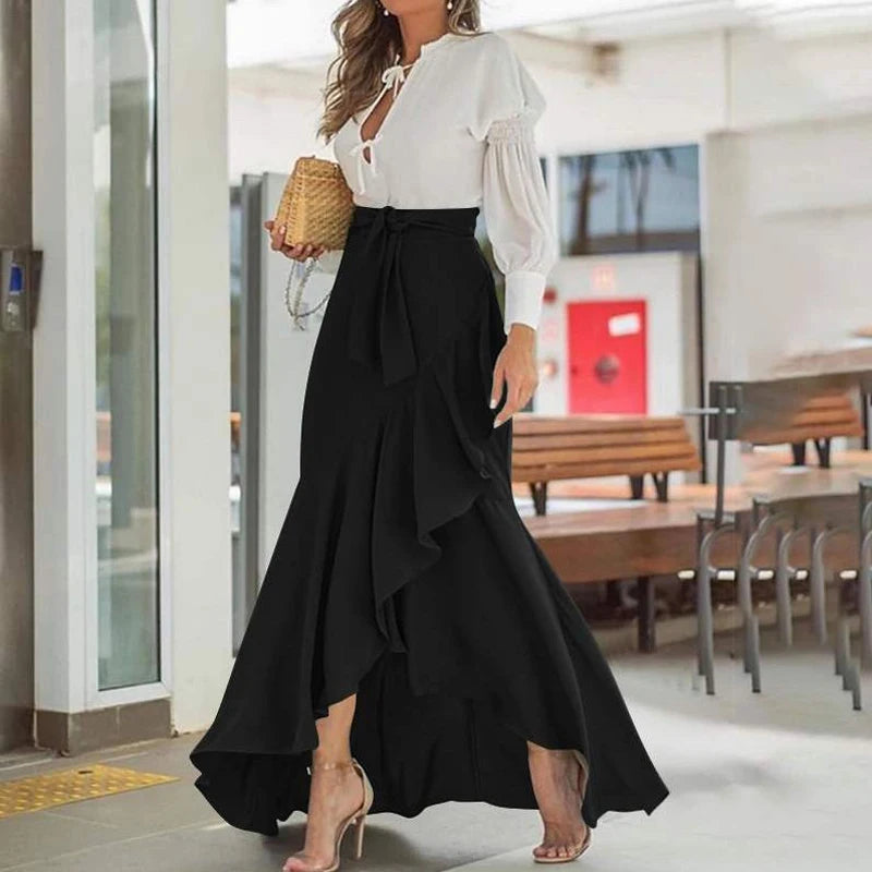 Women High Waist Maxi Skirt High Low Irregular Hem Self-tie Elastic Ruffle Long Skirt Ruffle Women Maxi Skirt Long