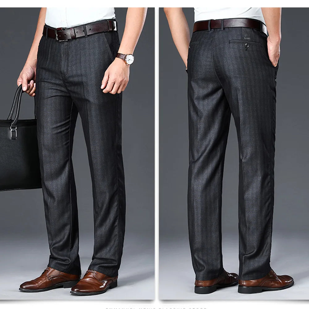 Mens Suit Pants Business Casual Pleated Trousers Classic Fashion Dress Pants Straight Stretch Wrinkle-Free Trousers Male Clothes