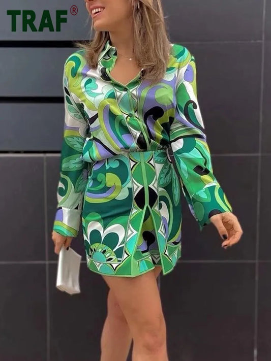 TRAF Green Print Short Skirt Women High Waist Mini Skirts for Women 2024 Summer Beach Woman Skirt Fashion Streetwear Boho Skirt