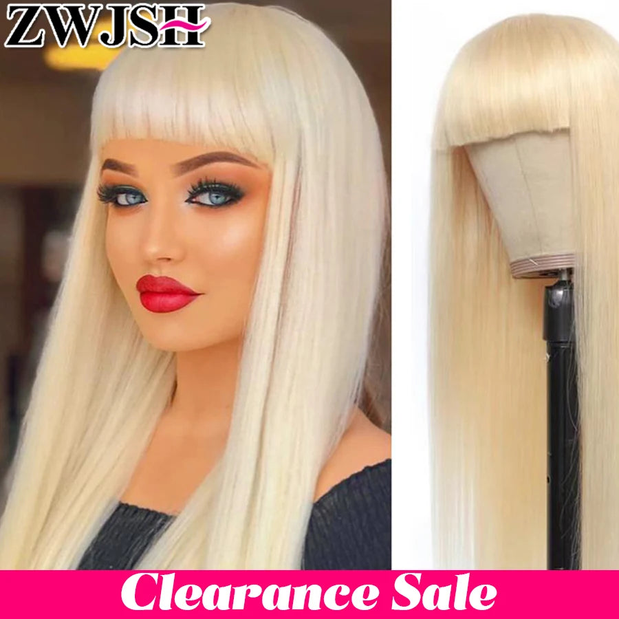 Remy Human Hair 613 Honey Blonde Wig With Bangs for Women Long Straight Full Machine Made Glueless Fringe 30 Inch ZWJSH