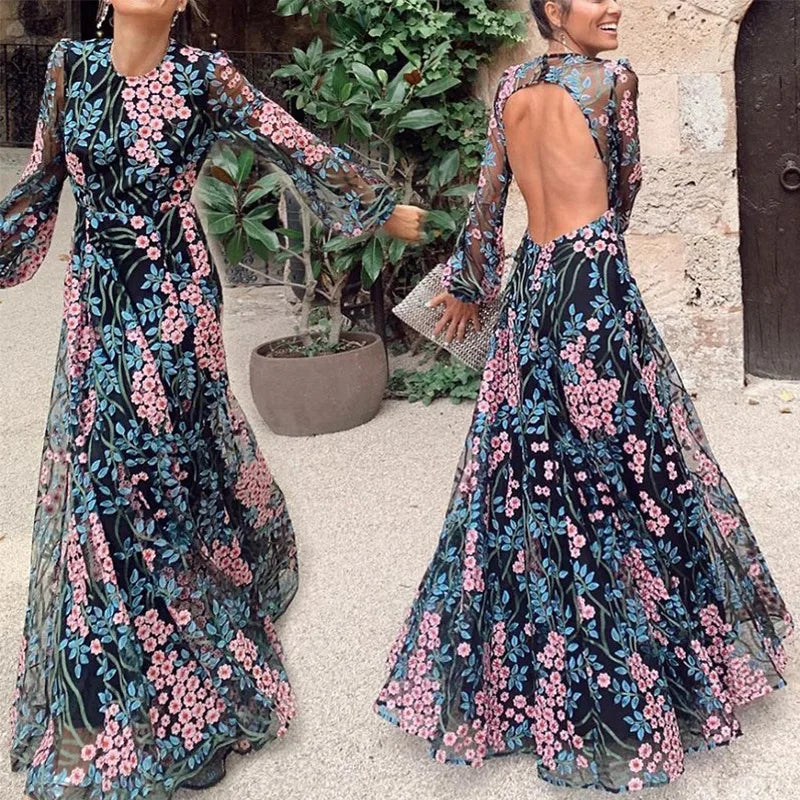 Happie Queens Women Floral Print O-neck Backless Bohemian Maxi Dress Ladies Long Sleeve Irregular Boho Dresses Vestidos