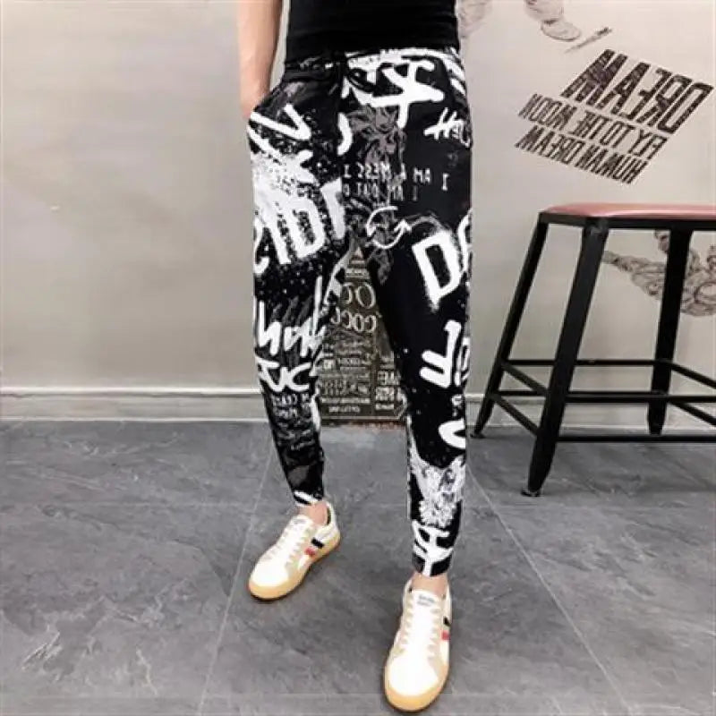 2023 Summer Fashion Personality Trendy Men's High Waist Lace Up Printed Pocket Slim Fit Versatile Social Guy Trendy Feet Pants