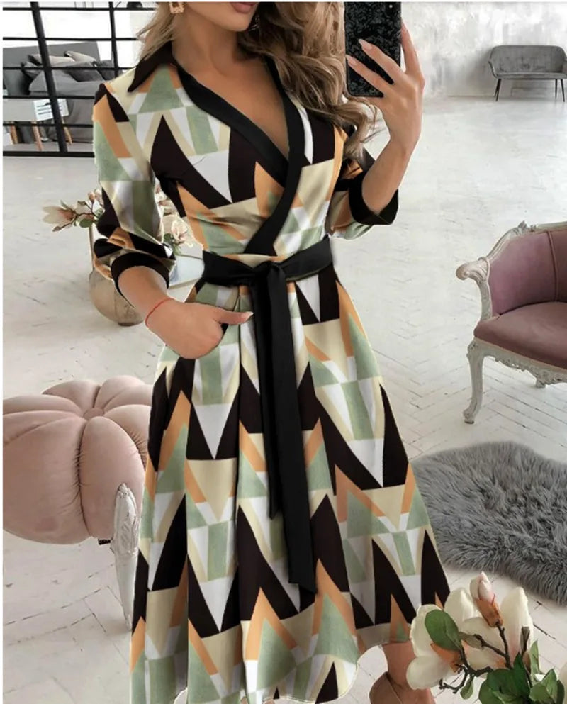 Women Dress Spring And Summer New Fashion Three Quarter  Sleeve V-Neck Printed Women's Dress With Waist Tie Up Polo Long Dress