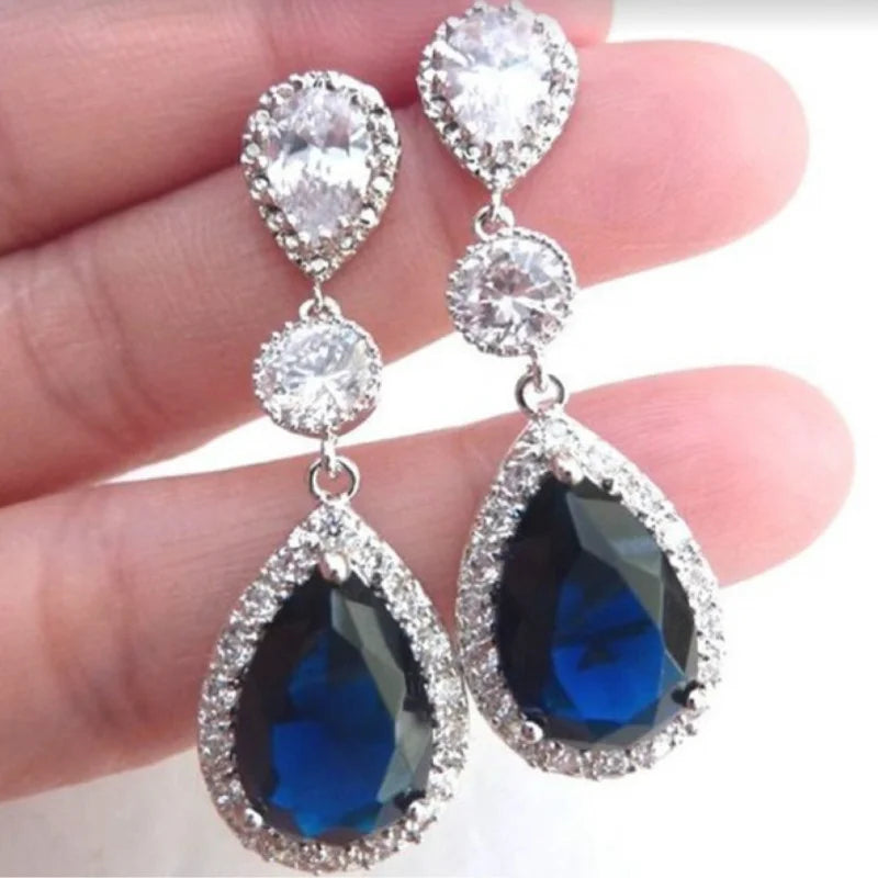 Fashion Jewelry Ladies Blue White Water Drop Shaped Crystal Rhinestone Zircon Metal Dangle Earring for Women Party Jewelry