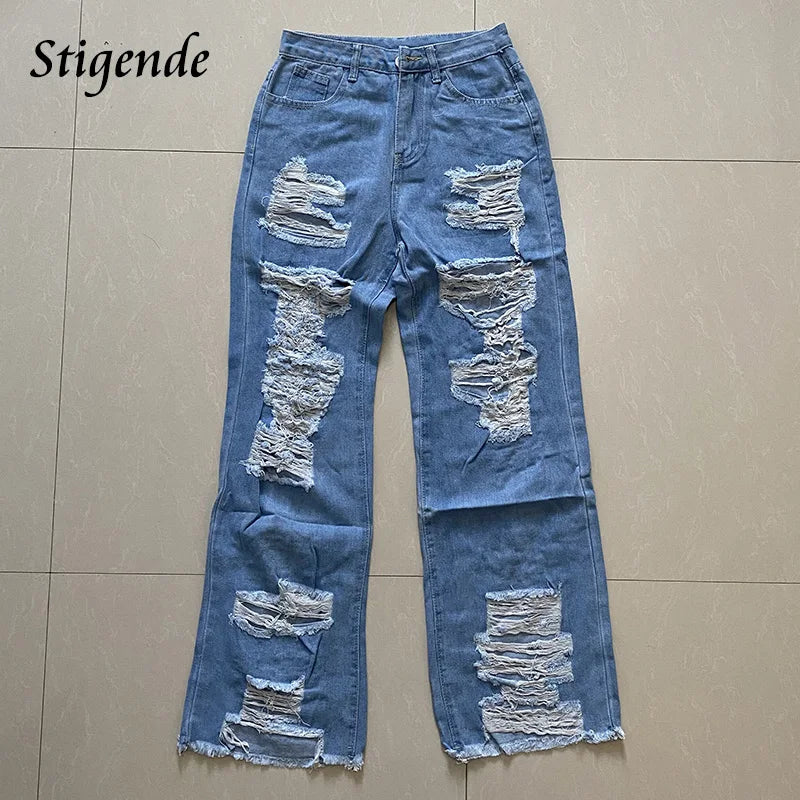 Stigende Women XXXL Denim Pants Wide Leg Ripped Jeans Streetwear Sexy Hollow Out Patchwork Shredded Jeans Fashion Trousers