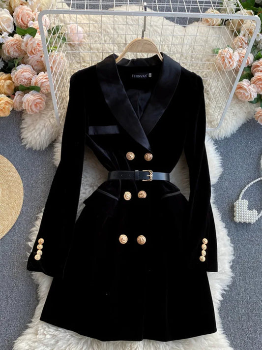 Blazer Coat Women Velvet Suit Jacket Winter Double Breasted Long Sleeve Ladies Black Blazer Belt Women Slim Suit Blazer Outwear