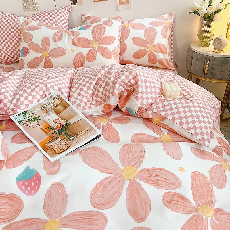 Ins Pink Flowers Bedding Set Flat Bed Sheet Duvet Cover Twin Full Queen Nordic Bed Linen Boy Girl Bedding Sets Flower Cherry