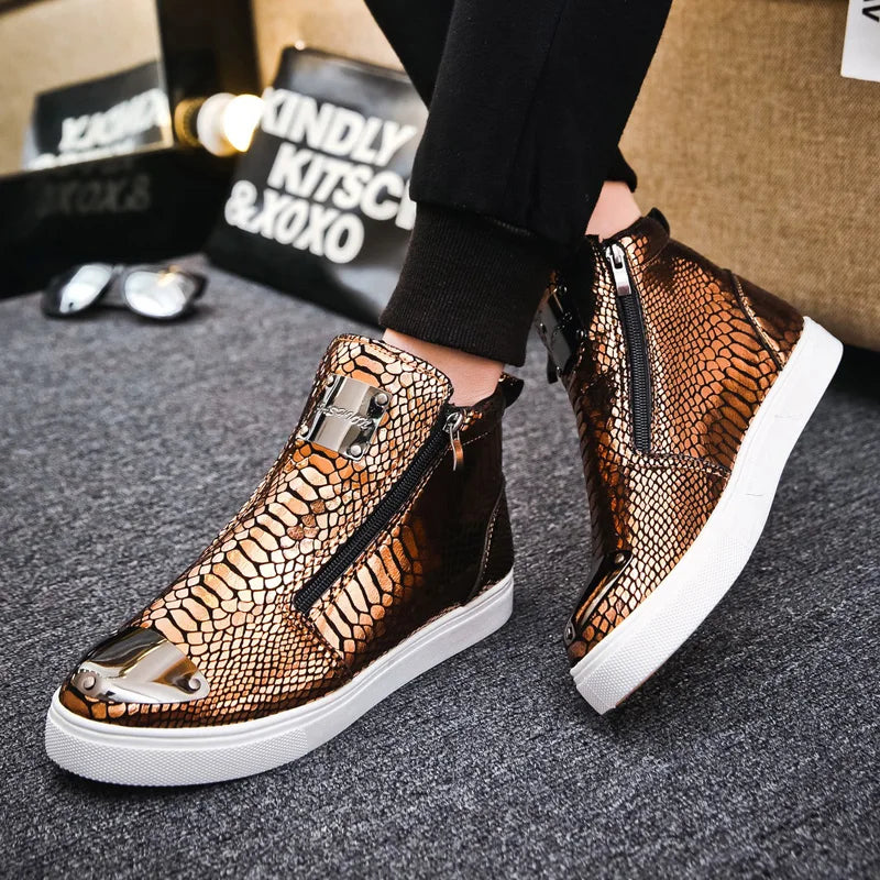 2023 New Luxury Glitter Snake Designer Shoes Men Gold High Top Original Men's Sneakers Fashion Zipper Casual Ankle Boots For Men