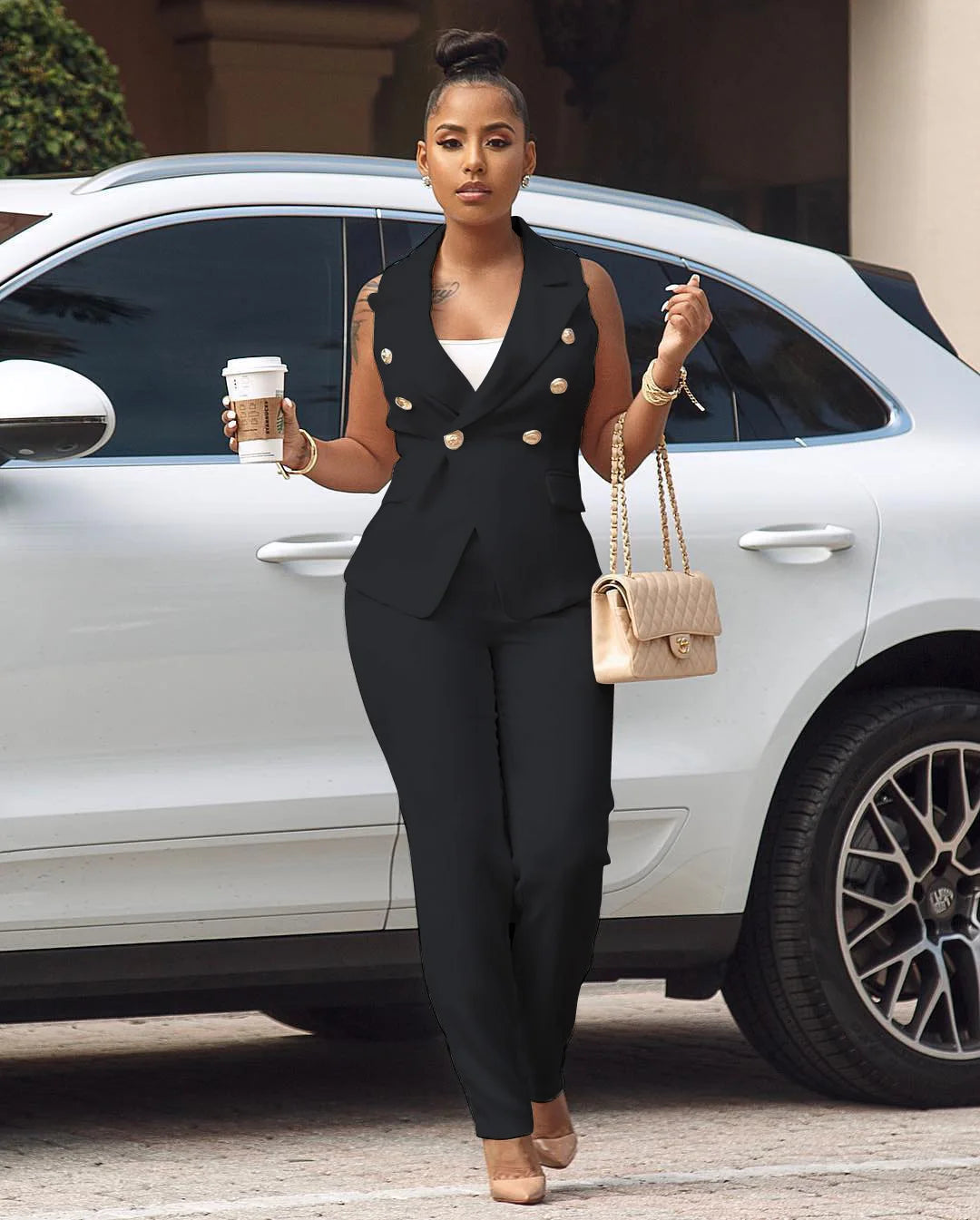 2022 Women Summer Sleeveless Notch Neck Blazers Long Pants Suit Two Piece Set Vintage Office Lady Tracksuit Outfit Overall