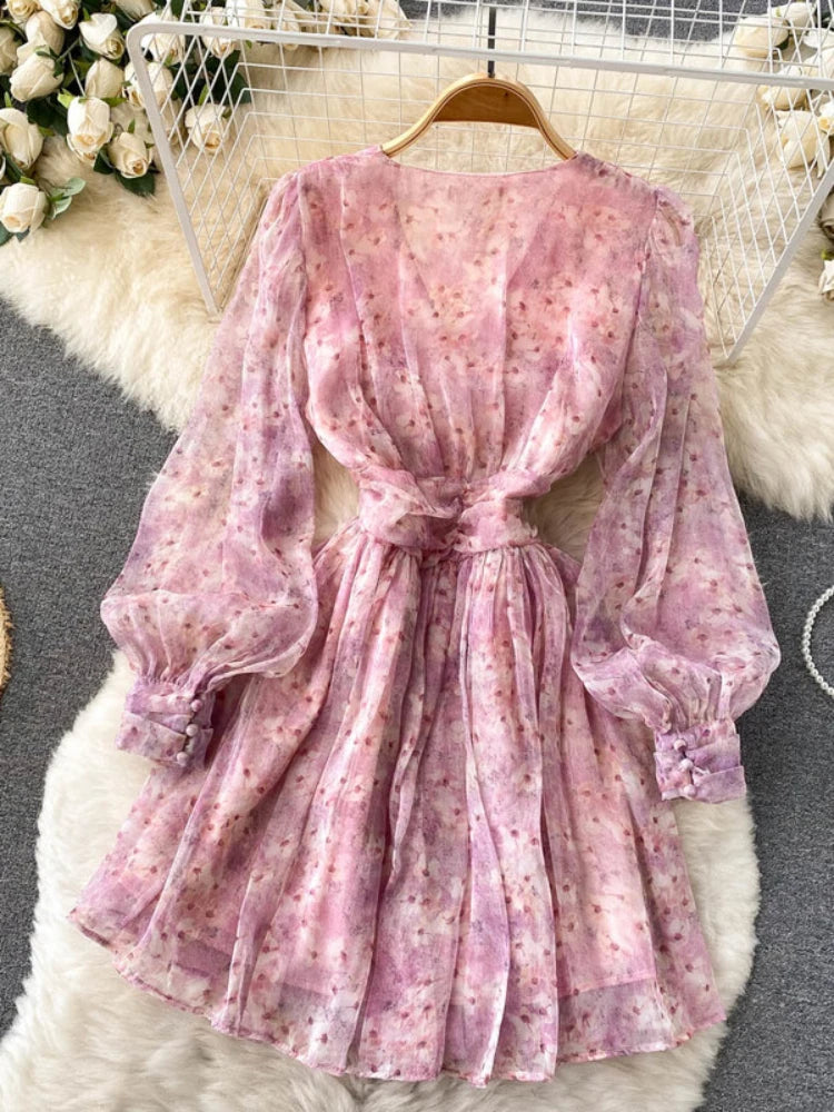 New Women Floral Chiffon Dress Spring Summer Puff Sleeve Sexy V-neck Beach Dresses Ladies French Elegant Short Dress Vestidos