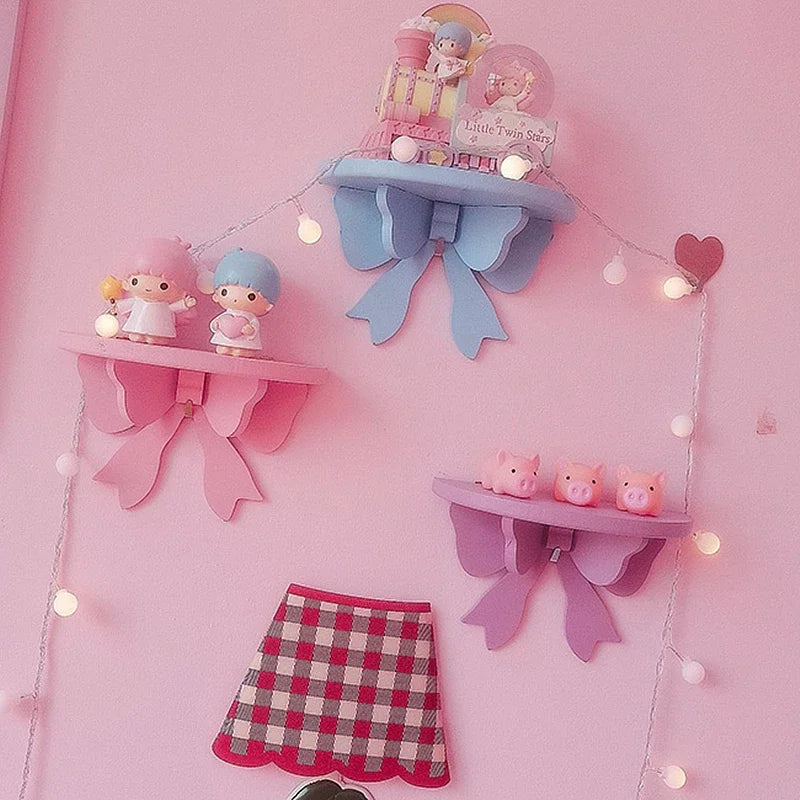 Japanese Kawaii Pink Bow Bedroom Shelves Wall-mounted Cosmetic Wooden Storage Rack Girly Heart Room Decoration Wall Shelf