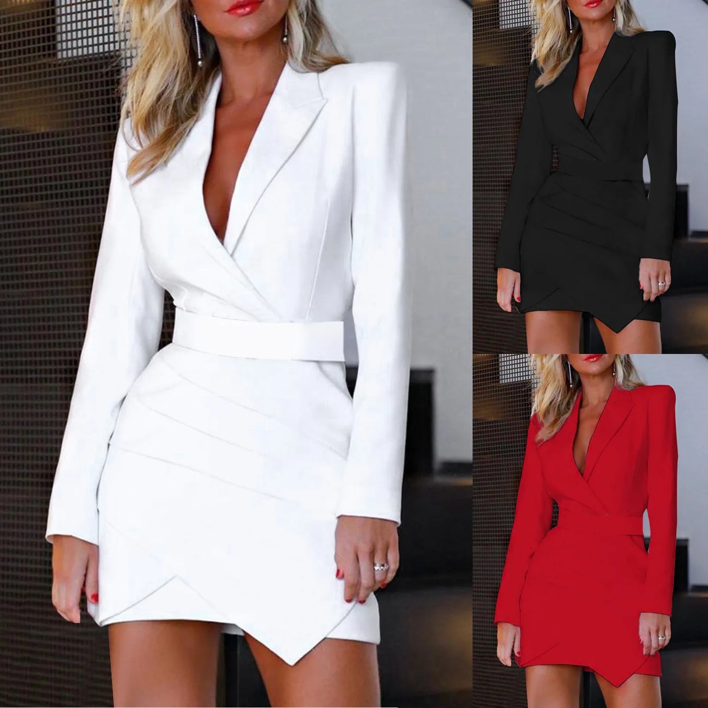 Autumn Winter Womens Sexy Deep V-Neck Formal Suit Jackets Temperament Dress For Office Business Solid Lapel Coat With Belt