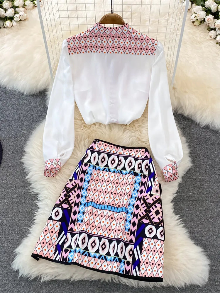 New 2022 Fashion Runway Summer Skirt Suit Women's Horse Geometry Print Blouse And A Line Pocket Buttons Skirt 2 Two Piece Set