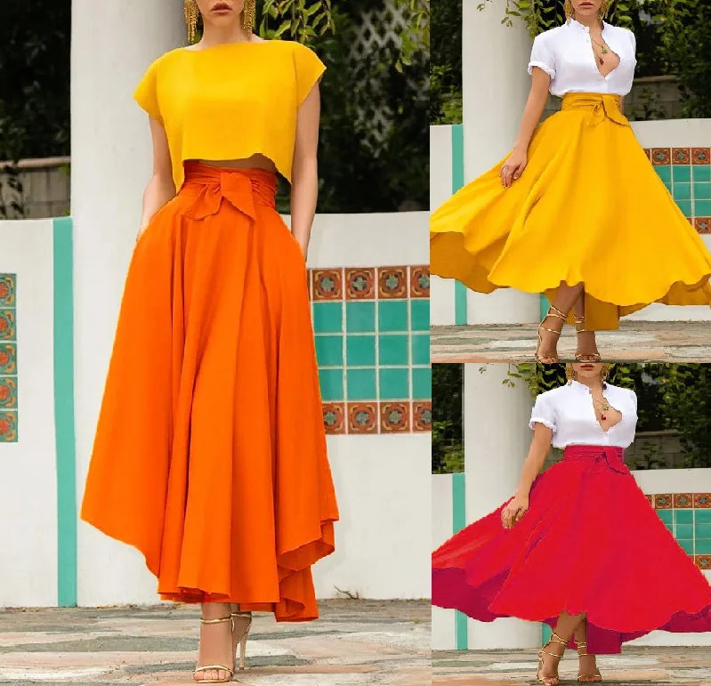 2020 women's clothing solid color big hem belt skirt