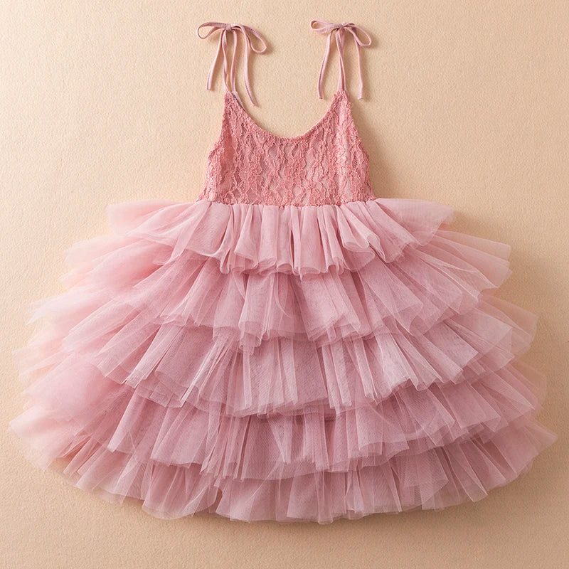 Little Girls Summer Dress for Kids Princess Birthday Party Gown Lace Sling Tutu Wedding Children Dresses Vintage Floral Clothes