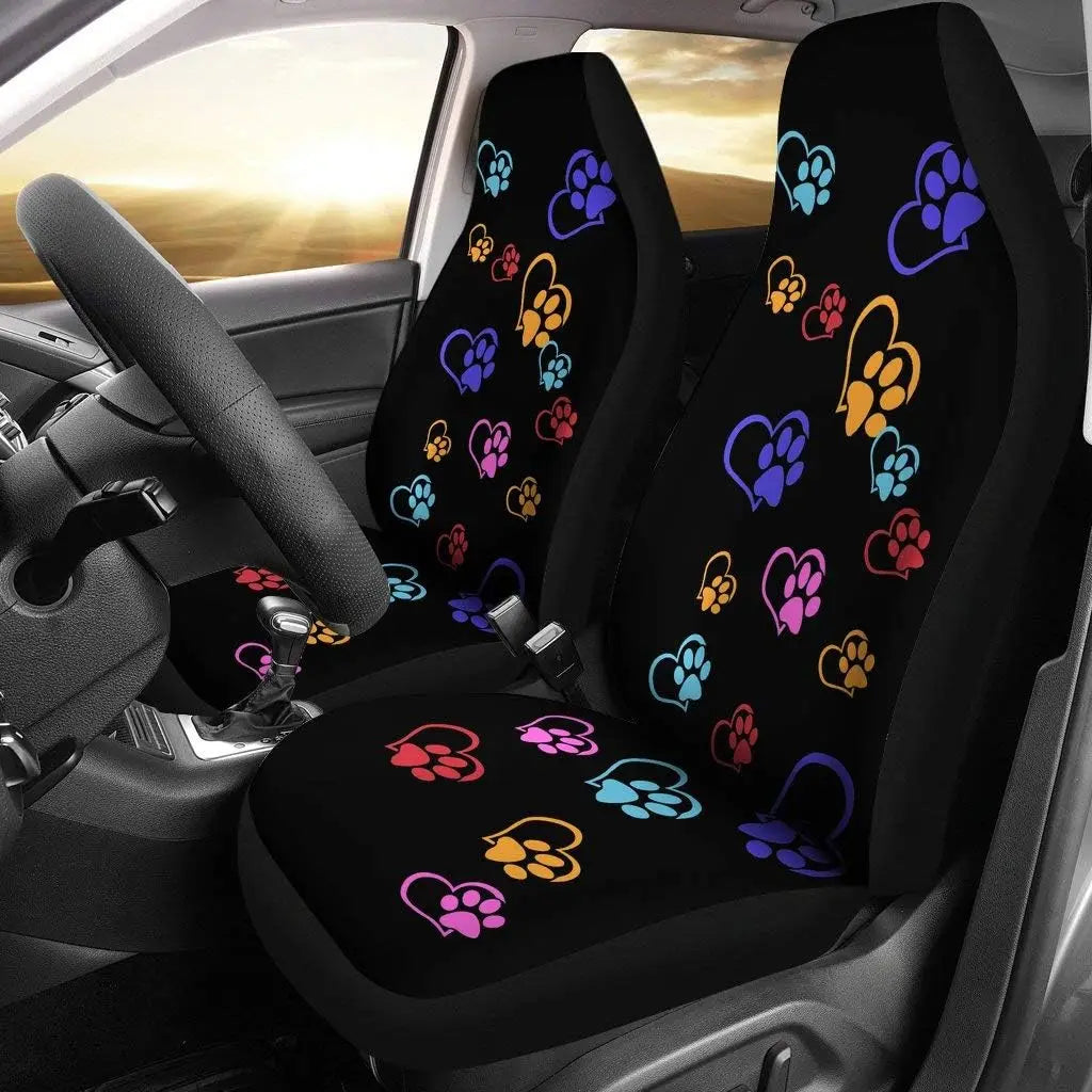 Colorful Puppies Dog Kitten Paw Print Love Heart Front Car Seat Covers Car Seat Protector for Women Girls Seat Covers Set of 2