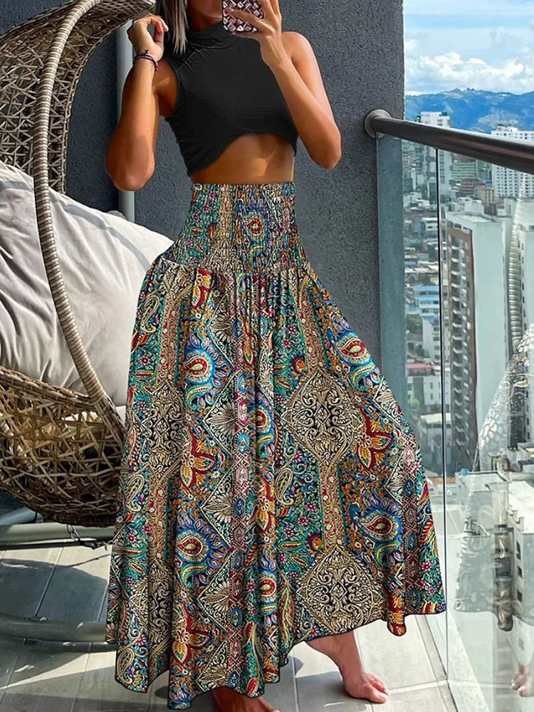 Boho Print Skirts For Women 2024 Summer Casual Elastic High Waist A-line Big Swing Long Dress Vacation Beach Party Skirt Robe