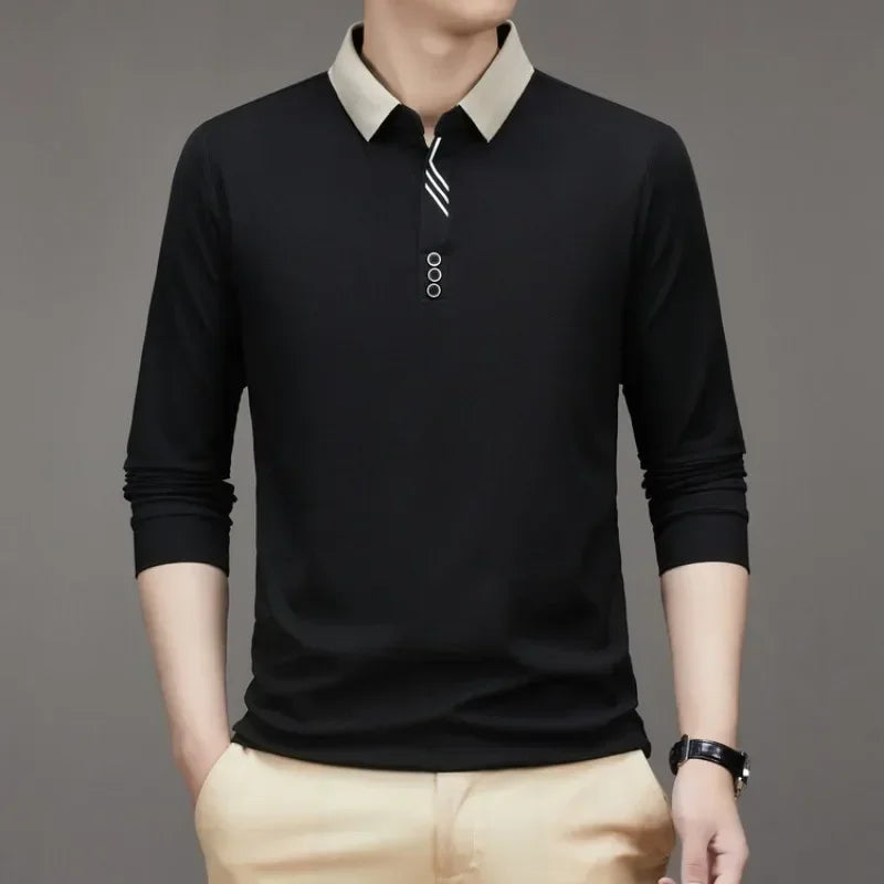 Men's Long Sleeve Turn-down Collar Waffle T-shirt Business Casual Contrast Line Polo Shirt