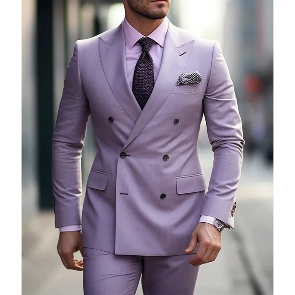 2024 Custom Purple Men's Suits Double Breasted Tuxedo Elegant Formal Wedding Blazer Prom Party Outfits 2 Piece Trajes De Hombre