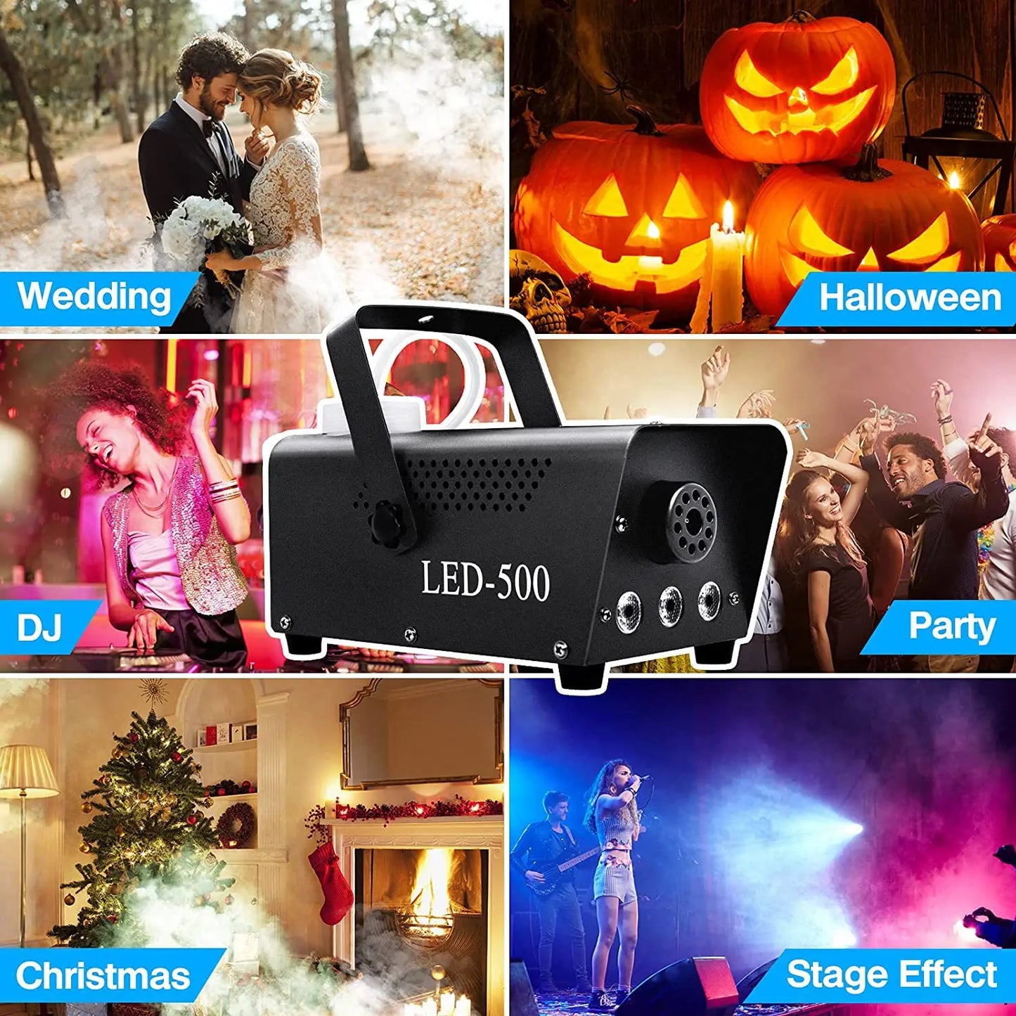 Christmas 500W Fog Smoke Machine with Wireless Remote Control Colourful LED Light for Halloween Wedding Parties KTV DJ Stage