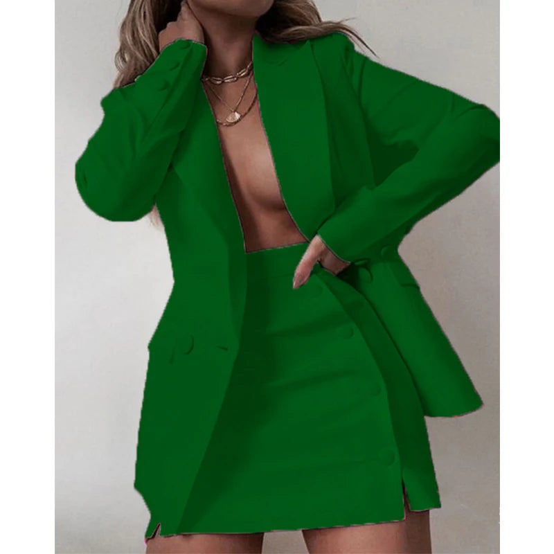 Women 2 Piece Set Fashion Streetwear Long Sleeve Blazer Jacket Sets Coat + Shorts Slim Suit Elegant Office Lady Sets