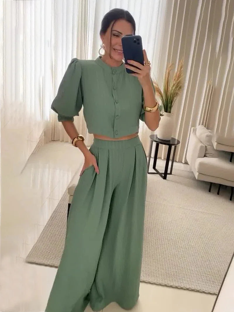 Women's Pant Suits Solid Color Single-breasted O-neck Shirt Top Fashion Casual Long Pants Suit Two Piece Set Women Office Wear