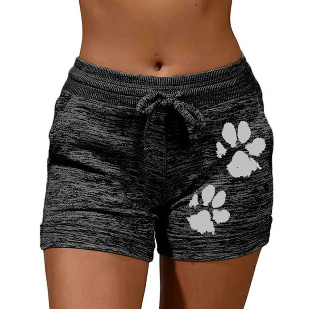 Casual Shorts Women High Waist Cats Claw Print Drawstring Quick Dry Elastic Sports Shorts Gym Women's Clothing