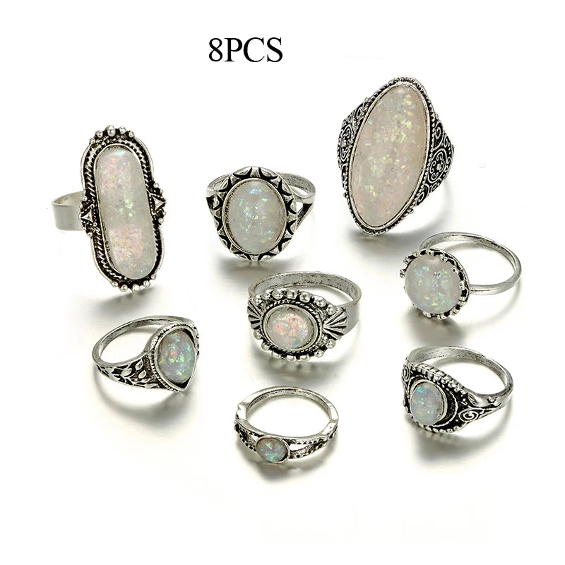 Tocona-set of vintage rings, silver colour, coloured OPAL, carved stone, Bohemian jewels for women and men