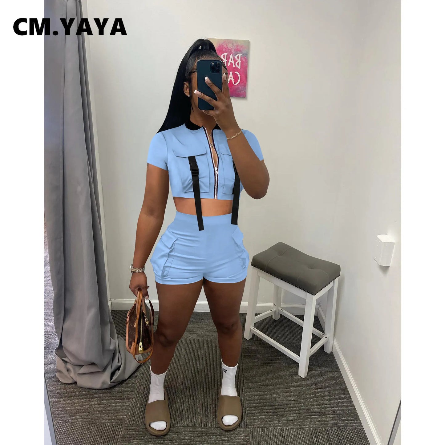 CM.YAYA Active Safari Style Women's Set Zipper Fly Track Top and Shorts Suit 2023 INS Sweatsuit Two 2 Piece Set Outfit Tracksuit